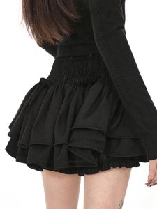 Black Asymmetrical Mini Skirt for Short Women Summer Anti-Light Ballet Style Cake Skirt High Waist Korean Version Commute Pure Color