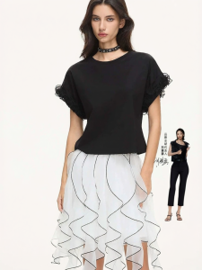 S·DEER | Literary Style Round Collar Lace Inserted Short Sleeve T-shirt