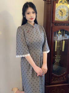 New Spring Fashion plus Size Qipao Floral Velvet Bell Sleeve Ladylike Chinese Style Dress Polka Dot Commute Slim Fit High Waist