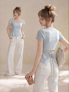 QIAOJIAOYA | Áo Thun Ngắn Tay Ôm Body Cổ Dây Đai