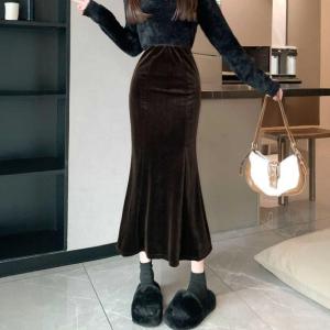 Váy Midi Chữ a Màu Đen Nhung Kẻ Dày Cạp Cao Ôm Sát Cơ Thể Đuôi Cá Mùa Thu Đông Cho Nữ