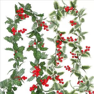 2เมตรใบเบอร์รี่แดง Ratten พวงมาลัยต้นคริสต์มาสตกแต่งฮอลลี่เบอร์รี่ไม้เลื้อยอุปกรณ์ตกแต่งคริสต์มาสพวงหรีด DIY