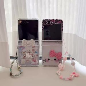 Sanrio | Ốp Điện Thoại Hello Kitty Hoạt Hình Dễ Thương Thời Trang Cho Samsung Galaxy Z Flip Kèm Dây Đeo Nơ Màu Hồng Kim Cương - Chống Sốc Chống Trầy Xước Chống Bụi