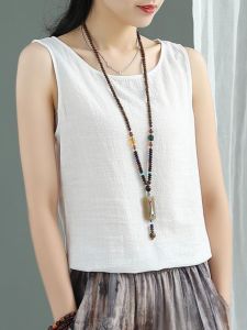 Summer Linen Sleeveless Sling Loose Tops Retro Cotton Linen Bottoming White Vest for Women Outwear