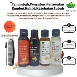 PAKET HEMAT 4 PCS Nature Minyak Kemiri Bakar+Kemiri Murni+Minyak Kelapa+Shampo 100% Asli Original Penumbuh/Penyubur/Perawatan Rambut/Kulit/Tubuh 100ml