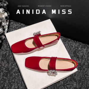 Leather Version Mary Janes Flat Bottom Square Head Womens Shoes Spring Autumn Red Slip-On Large Size 41 to 43 Fashionable Korean Style