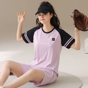 Plandoo Womens Summer Sleepwear Cotton Short Sleeve Shorts Set Outwear Comfortable Breathable Print Home Clothes Casual Style