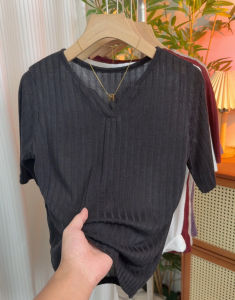 Fashion Loose Knit T-shirt Womens V-neck Five-quarter Soplex Streaky Base-shirt Casual Style Long-sleeved Top
