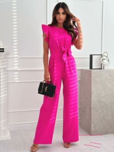 Summer Fashion Commuting Fashion round Neck Pure Color Waist Trimming Lace up Flying Sleeves Wide Leg Jumpsuit Pants Jumpsuit