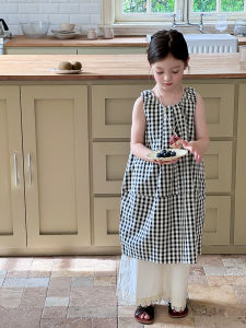 Design Sensation Plaid Vest Skirt Dress for Girls Summer Season Midi Length A-Line Princess Dress Korean Style Breathable Soft Fabric