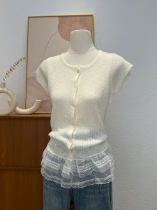 Korean Style Lace Splice Fly Sleeve Knitted Short Sleeve T-Shirt Women Summer Slimming Elegant Versatile Top round Neck