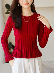 เสื้อสเวตเตอร์ถักสั้นสีแดง คอกลม เอวเข้ารูป แขนกระดิ่ง เสื้อชั้นในผู้หญิง แฟชั่นฤดูใบไม้ร่วง/ฤดูหนาว เสื้อคลุมกันหนาว