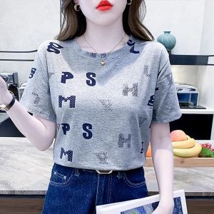 Summer Womens Short Sleeve Trendy Grey T-Shirt Davieni Loose Fit Cotton Blend Versatile Shoulder Length round Neck Top