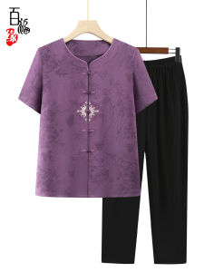 Summer Womens Short-Sleeved Shirt for the Elderly 70-Year-Old 80 Women round Neck Cardigan Ladieswear Embroidered Shirt Grandma Clothes