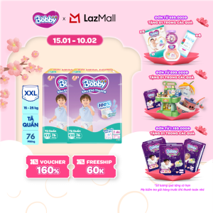 [CHỈ 15.01-10.02 QT Đơn 899K/1199K] Combo 2 Tã/bỉm quần Bobby 3mm Mega Jumbo Gạo non Giảm nhiệt XXL76 [Bao bì thay đổi theo từng đợt nhập hàng]
