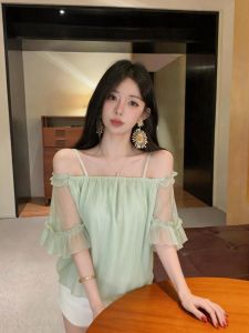 GUZILIAN | Áo Chiffon Dáng Rộng Thanh Lịch Có Viền Ren Kiểu Dáng Mùa Hè Tạo Form Thon Gọn