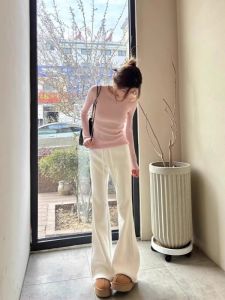 Pink Knitted Slim Fit Long Sleeve T-Shirt Womens Fashionable Elegant Sweet Spring Autumn Versatile Anti-Uv Young-looking Trendy Top