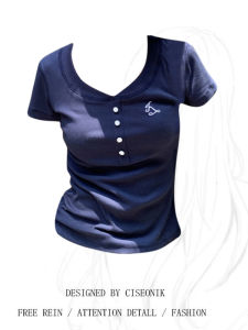 เสื้อยืดแขนสั้นสไตล์อเมริกันย้อนยุคไซส์ใหญ่สำหรับผู้หญิงในฤดูร้อน เสื้อแขนสั้นทรงเข้ารูป ดีไซน์ลำลอง แฟชั่นผู้หญิงไซส์ใหญ่