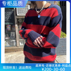 Sọc Cổ Điển Mỹ Đồ Len Rộng Rãi Nữ Áo Áo Khoác BM Áo Len Mùa Xuân Mùa Thu Cotton Vải Bông Tay Dài Độ Dày Thông Thường