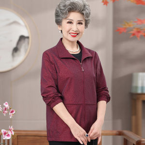 Short Thin Outerwear for Elderly Women Autumn Fashion Mom Style Coat Polo Collar Zipper Regular Sleeve Lengthened Cardigan