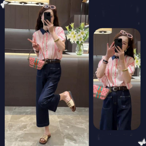 Shalldoer | Womens Commute Outfit Summer 2025 Fashionable Youthful Pink Striped Shirt Straight Leg Jeans Two Piece Set Short Sleeve Casual Wear