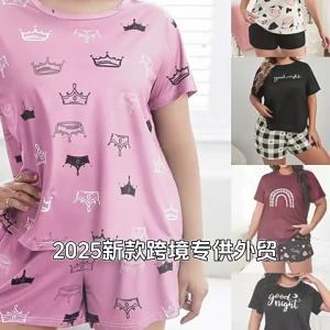 3102025 New Cross-Border Exclusive Foreign Trade European and American Women's Loose Pajamas T Plus Size Homewear Set with Shirt and Shorts