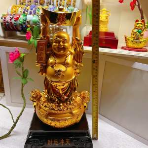 Golden Laughing Buddha Figurines - Two Sizes - Decorative Home Ornaments - Chinese Cultural Symbol - Feng Shui - Black Bases - Chinese Characters - Floral Accents