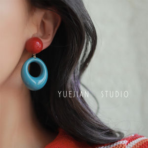 YUEJIAN Modern Girls Retro 80 HongKong Style Color Block Earrings with Geometric Pattern Alloy Silver Gold Plated Clip-On Jewelry for Females