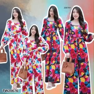 TW20676 Jumpsuit จั๊มสูทยาว อกแต่งกระดุม 3 เม็ด ลายดอกไม้