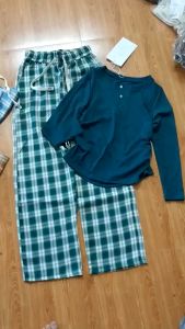 Đồ Bộ nữ kẻ ca rô ống rộng dài 100 áo ngắn vải len tăm ôm nhúm eo 364