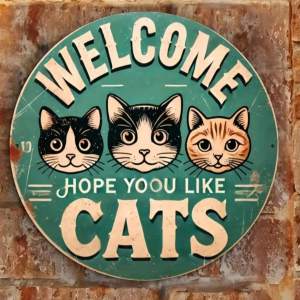 CIFbuy | Cat Lover Welcome Sign Aluminum Vintage Wall Art With Distressed Green & Black Cat Decor