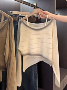 Shoulder Bared Knitted Sweater Womens Loose Short Style Korean Version Striped Casual Top for Early Autumn Fashion Sensation