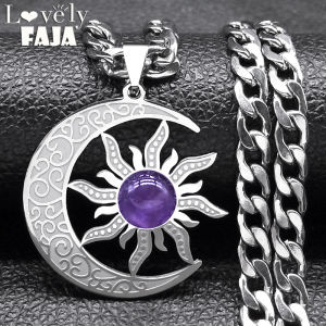 Wicca สร้อยคอดวงอาทิตย์และดวงจันทร์สแตนเลสตาเสือหินธรรมชาติจี้ประณีตสร้อยคอเครื่องประดับงานเลี้ยงของขวัญ N3079GDS03