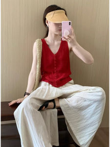 YUEZHONGWEI | Dopamine Summer 2025 Red V-neck Ice Silk Knitted Tank Top Womens Outerwear Slim Fit Sleeveless Vest Fashion Commute Style