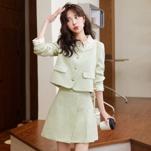 Fashionable Small Fragrance Style Womens Suit Set Early Spring New Arrival Cute Short Skirt Jacket Outerwear Purple Ladies