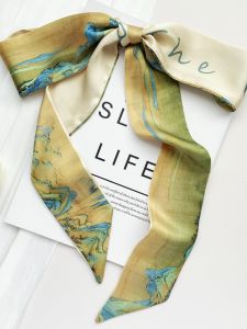 Retro Long Silk Scarf Hair Band Wang Belt Painting Hair Accessory Traditional Chinese Landscape Ink Oil Painting Style Summer Fashion Women