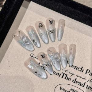 Handmade Detachable Cats Eye White Enhancing Nail Stickers Rhinestone Oval Design Butterfly Mint Wave New Chinese Style Wearable False Nails