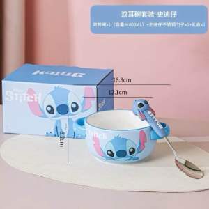 Chén Sứ Bát Sứ tay cầm 2 quai + kèm Muỗng inox bọc nhựa in Hoạt Hình Pooh Stitch Gấu Dâu Cao Cấp [chính hãng Disney] cao cấp. Hàng mới