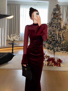 Red Velvet Dress Elegant Slimming Evening Gown for Important Occasions Autumn Winter Womens Fashion Annual Meeting High Waist Long Sleeve