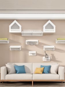 ชั้นวางปีนแมวบนผนังบ้านแมวแบบติดผนังไม้แท้กระดานกระโดดแมวไม่ต้องทาสีทางเดินในกลางอากาศผนังแมวห้องโดยสารอวกาศบ้านแมวติดผนัง