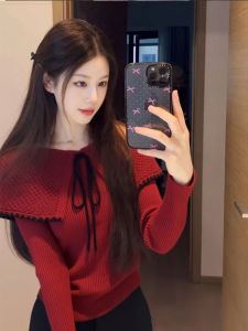 Ribbon Bow Soft Feminine Style Knit Sweater Contrast Colors
