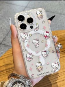 Magic Cute Cartoon Cat Shell Magnetic Absorption Key Button Starry Heart Design Compatible with Apple 16promax 15promax 14 Hard Shell 13 12 Cute 11