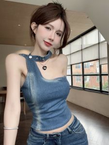 GUZILIAN | Unique Short Sleeveless Denim Vest Womens Design Sensation Spicy Shoulder Baring Neck Hanging Top Outerwear Commute Style Slim Fit