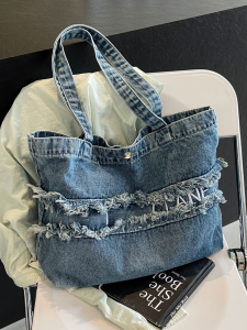 Fashionable Large Capacity Commuter Canvas Tote Bag Womens Denim Single Shoulder Bag Soft Handbag Pure Color Korean Style