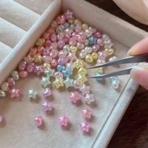 50Pcs 3D Pearlscent Heart Star Nail Charms Candy Color Love Pentagram Resin Nail Art Decoration DIY Minimalist Manicure Supplies