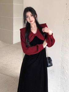 ชุดเดรสยาวแขนยาวสไตล์ฮิปโปสำหรับผู้หญิงไซส์ใหญ่ ฤดูใบไม้ร่วง 2024 ชุดสองชิ้นปลอมสีแดง เดรสทรงเอคอวี ทรงเข้ารูป