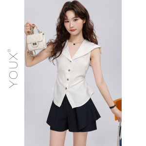 YOUXIANG | Áo Sơ Mi Trắng Không Tay Cổ Hải Quân Nút Đơn