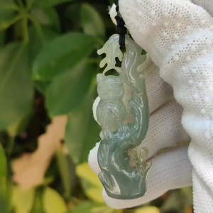 Earths Whisperer - Natural Sage Owl Jadeite Pendant & Stand (Sku: pendant413)
