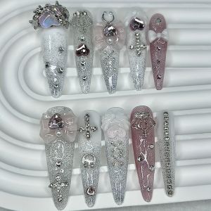 Y2K Japanese Jirai Pink Long Tip Handmade Press On Nails 3D Bow Crown Cross Gyaru Kei Nail Art Kawaii Cute Glitter Fake Nails