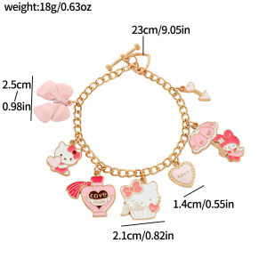 Sanrio | Hello Kitty My Melody Zinc Alloy Bracelet - Pink Enamel Charms Gold Plated Chain Adjustable OT Clasp Fashion Jewelry